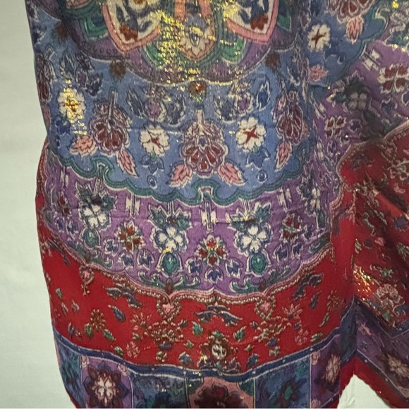 Metallic Asian print scarf 75% rayon rolled hem 3.5X34.5 NEW OR LIKE NEW - Picture 10 of 14